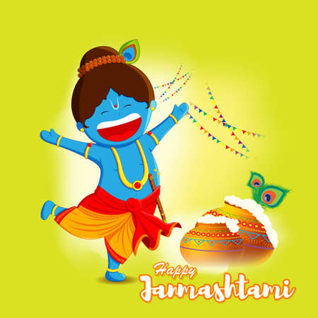 vector illustration for Indian festival Janmashtami, birth of lord Krishna (Hindu god), butter pots, flute on colorful abstract backgroundのイラスト素材