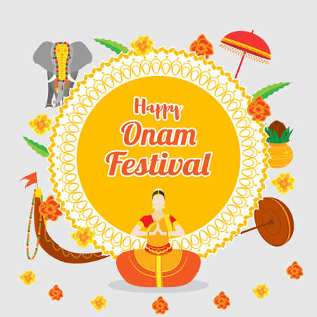 VECTOR ILLUSTRATION OF OFFER BANNER , GREETING FOR INDIAN FESTIVAL ONAM MEANS ONAM. FESTIVE BACKGROUND CONCEPTのイラスト素材