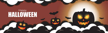 Vector illustration of halloween festival with scary pumpkins, flying bats, witch and her broom in front of fullmoon, spooky night Halloween poster.のイラスト素材