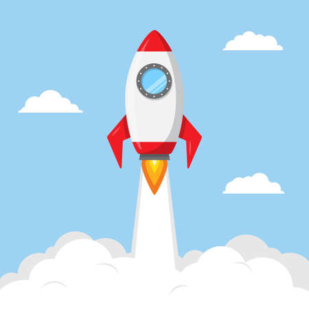 Rocket launching in the sky with clouds vector background.のイラスト素材