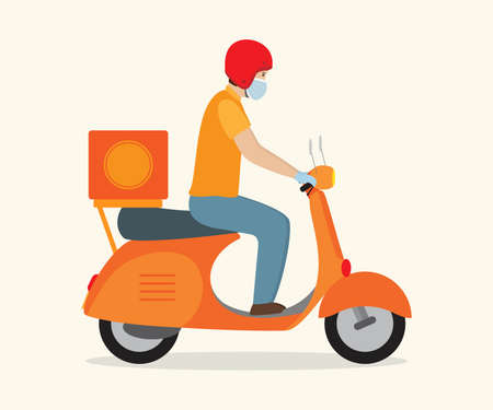 Delivery man with mask riding orange scooter vector illustration.のイラスト素材