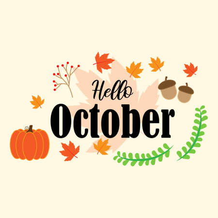 Vector illustration concept for Hello October greeting banner with autumn leaves.のイラスト素材