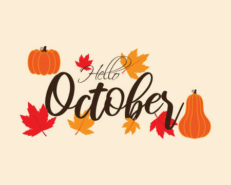 Vector illustration concept for Hello October greeting banner with autumn leaves.のイラスト素材