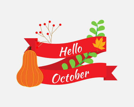 Vector illustration concept for Hello October greeting banner with autumn leaves.のイラスト素材