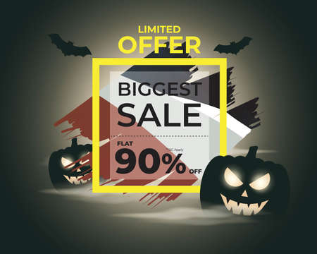 Vector illustration of Happy Halloween sale, square shiny golden frame wrapped with light balls and confetti, flying bats, scary pumpkins, upto 50% off offer, shop now, template for websites.のイラスト素材