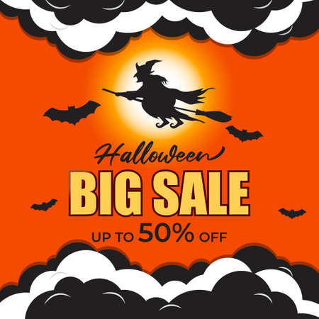 Vector illustration of Happy Halloween sale, square shiny golden frame wrapped with light balls and confetti, flying bats, scary pumpkins, upto 50% off offer, shop now, template for websites.のイラスト素材