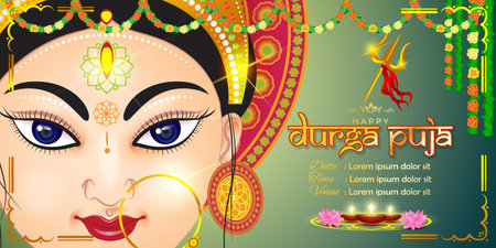 illustration of Goddess Durga Face in Happy Durga Puja Subh Navratri abstract background with text Durga puja means Durga Pujaのイラスト素材