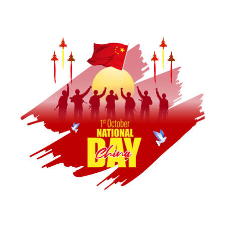 Vector illustration of China national day, 1st October, china flag, a soldier with rifle and helmet, abstract wavy flag background.のイラスト素材