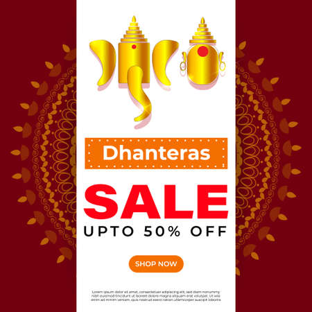 Vector Dhantera Big Sale banner, up to 50% off, lotus, diya, on beautiful bokeh background. Limited offer. assured an giftのイラスト素材