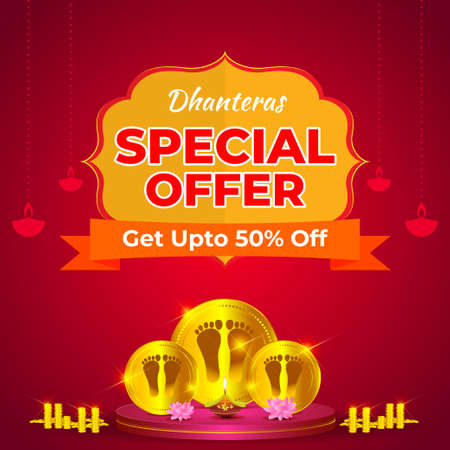 Vector Dhantera Big Sale banner, up to 50% off, lotus, diya, on beautiful bokeh background. Limited offer. assured an giftのイラスト素材