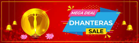 Vector Dhantera Big Sale banner, up to 50% off, lotus, diya, on beautiful bokeh background. Limited offer. assured an giftのイラスト素材