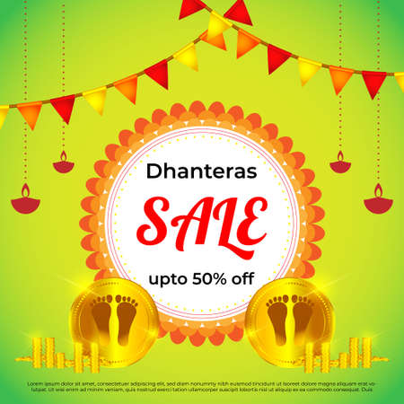 Vector Dhantera Big Sale banner, up to 50% off, lotus, diya, on beautiful bokeh background. Limited offer. assured an giftのイラスト素材
