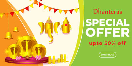 Vector Dhantera Big Sale banner, up to 50% off, lotus, diya, on beautiful bokeh background. Limited offer. assured an giftのイラスト素材