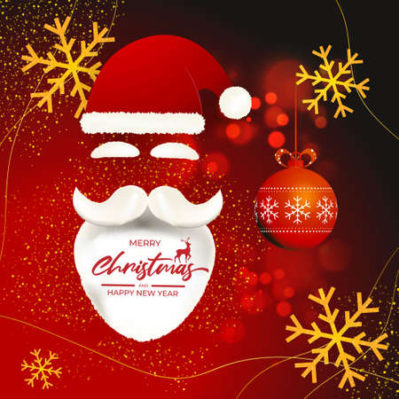Vector illustration of Merry Christmas greeting card, confetti, gifts, santa cap, happy new year wishes, poster, holiday banner on  snowy background.のイラスト素材