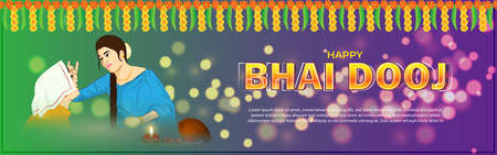 Vector illustration of brother and sister celebrating bhai dooj, Bhai Tika, Indian Hindu festival, coconut, diya and sweets in pooja thali, vector banner on beautiful bokeh background.のイラスト素材