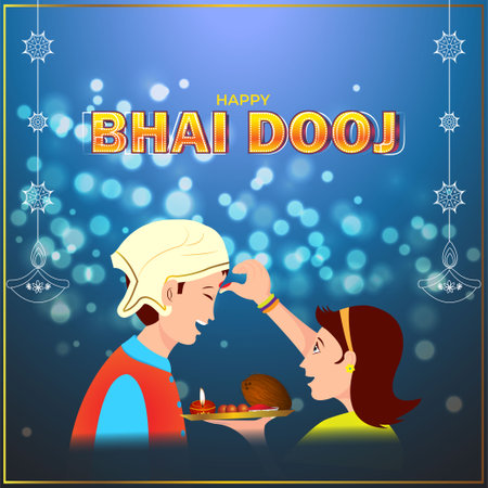 Vector illustration of brother and sister celebrating bhai dooj, Bhai Tika, Indian Hindu festival, coconut, diya and sweets in pooja thali, vector banner on beautiful bokeh background.のイラスト素材