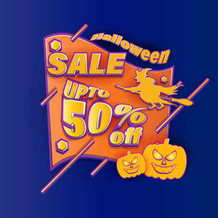 Vector illustration of Happy Halloween sale, scary pumpkins, upto 50% off offer, shop now, template for websites.のイラスト素材