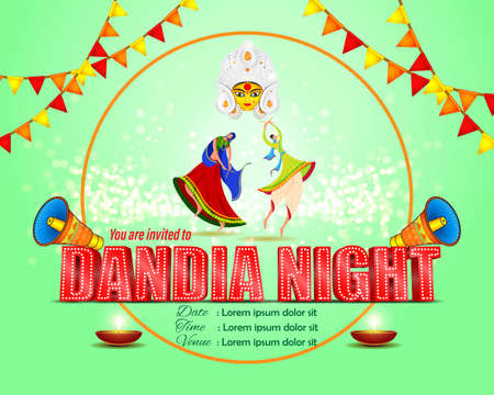 vector illustration for Indian festival Dandiya night. illustration is showing man and woman performing Dandiya dance with beautiful night backdrop.のイラスト素材