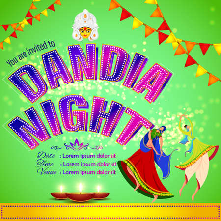 vector illustration for Indian festival Dandiya night. illustration is showing man and woman performing Dandiya dance with beautiful night backdrop.のイラスト素材