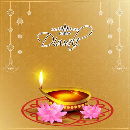 Vector greeting of Happy Diwali, Dipawali, Indian festival of lights, danglers, diya, oil lamp and lotus on beautiful pattern, holiday wishes poster.のイラスト素材