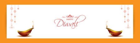 Vector greeting of Happy Diwali, Dipawali, Indian festival of lights, danglers, diya, oil lamp and lotus on beautiful pattern, holiday wishes poster.のイラスト素材