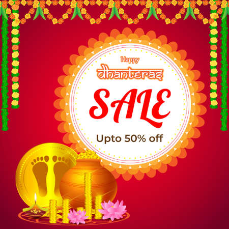 Vector Dhantera Big Sale banner, up to 50% off, lotus, diya, on beautiful bokeh background. Limited offer. assured an giftのイラスト素材