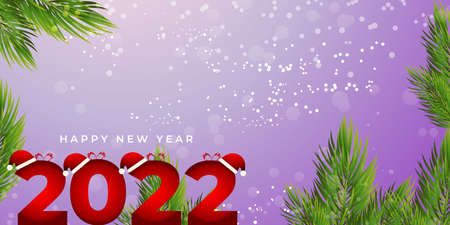 Happy New Year 2022 banner, pine tree branches, santa cap, light balls, glitters, sparkling...