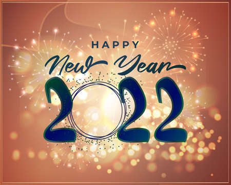 Happy New Year 2022 banner, pine tree branches, santa cap, light balls, glitters, sparkling...