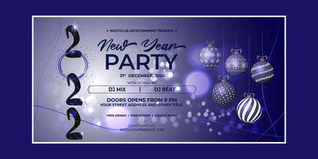 Vector illustration of New Year 2022 party invitation poster with beautiful bokeh background, New year DJ party poster , flyer, big party, free drinks, food, dj night, disco nightのイラスト素材