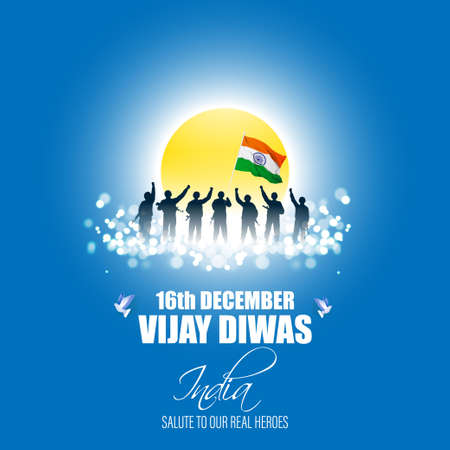 Vector illustration of Vijay Diwas (VICTORY DAY)banner, 16 december 1971, India flag, soldier with rifle and helmet, flying birds, banner template for websites.のイラスト素材