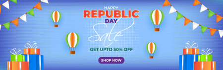 Vector Republic Day Sale banner, 26 January, upto 50% off, balloon , offer template for website and UI.のイラスト素材