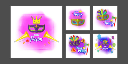 Vector illustration of Happy Purim social media story feed set mockup templateのイラスト素材