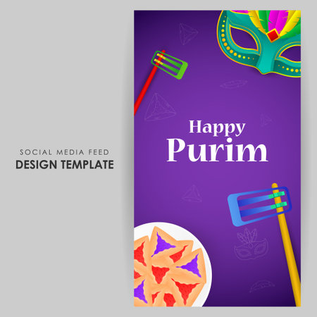 Vector illustration of Happy Purim social media story feed mockup templateのイラスト素材
