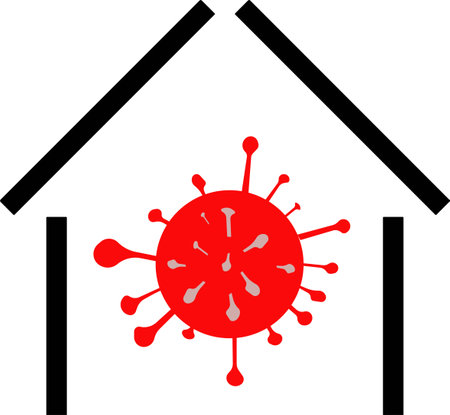 Red coronavirus symbol in the house. Isolation of infected people. Vector icons on a white background.のイラスト素材