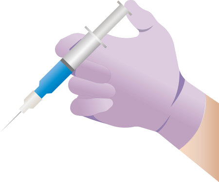 A syringe in the doctors hand in gloves. Vaccine injection. Vector icon.のイラスト素材