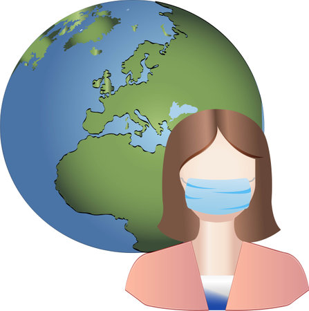 Planet earth and a girl in a medical mask. Coronavirus pandemic news. Vector icons on a white background.のイラスト素材