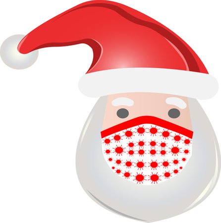 The head of Santa Claus with a beard in a red cap wearing a protective mask from the coronavirus. Vector image on a white background. Christmas and New Year holidays during the coronavirus pandemic.のイラスト素材