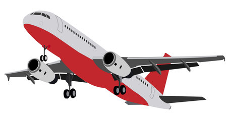 Twin-engine wide-bodied passenger aircraft. Gray plane with a red bottom and a landing gear. Vector illustration.のイラスト素材