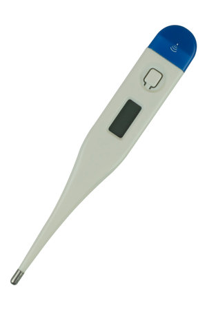 Electronic thermometer in a white plastic case. Thermometer isolated on a white background. A means...