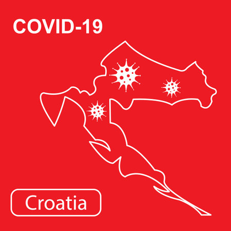 Map of Croatia labeled Epidemic and Quarantine COVID-19. White outline map of Croatia on a red background. Vector illustration of a virus, coronavirus, epidemiology.のイラスト素材