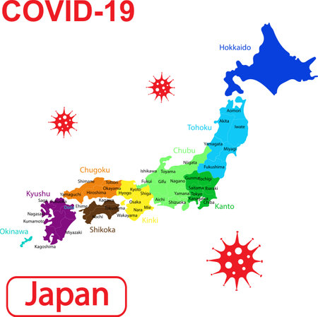 Map of Japan labeled COVID-19. Map on a white background. Vector illustration of a virus, coronavirus, epidemiology.のイラスト素材