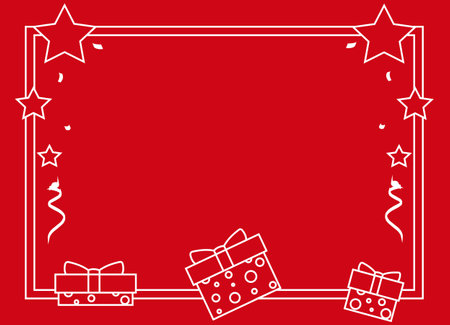 Greeting card with contour images of gift boxes, stars and Christmas tinsel in the frame. Vector illustration for printing greeting cards.のイラスト素材