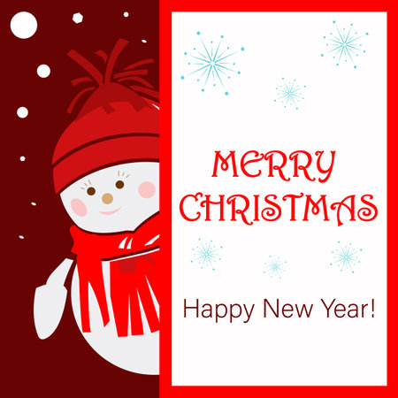 a snowman in a red hat behind a large sign. Vector illustration for holiday greetings. merry christmas and happy new year.のイラスト素材