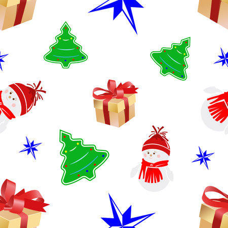 Seamless Christmas pattern with snowman, Christmas tree, gifts, star. Vector illustration for printing on textiles, wrapping paper. Vector illustration on isolated white background.のイラスト素材