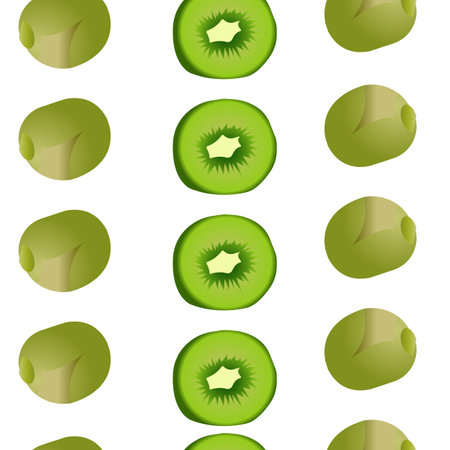 Seamless pattern of whole and sliced kiwis lined up in rows. Vector illustration isolated on white background.のイラスト素材