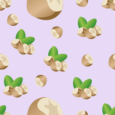 Seamless pattern of hazelnuts. Vector illustration isolated on a violet background.のイラスト素材