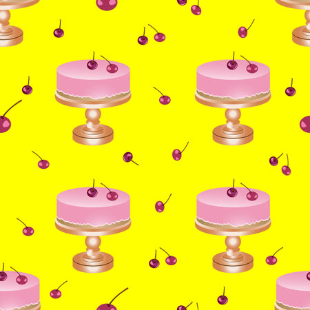 Seamless pattern of slice of pink cake with cherries. Vector illustration isolated on a yellow background.のイラスト素材