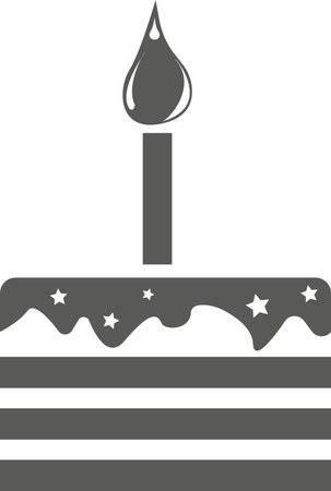 Cake with a candle on a white plate. Vector black and white illustration.