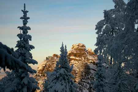 Brown rock against the blue sky in winter. The rock behind the trees in the rays of the evening sunset.の写真素材