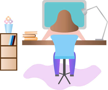 A female freelancer working at a computer. Work from home remotely. Studying a student with a computer. Flat vector illustration.のイラスト素材